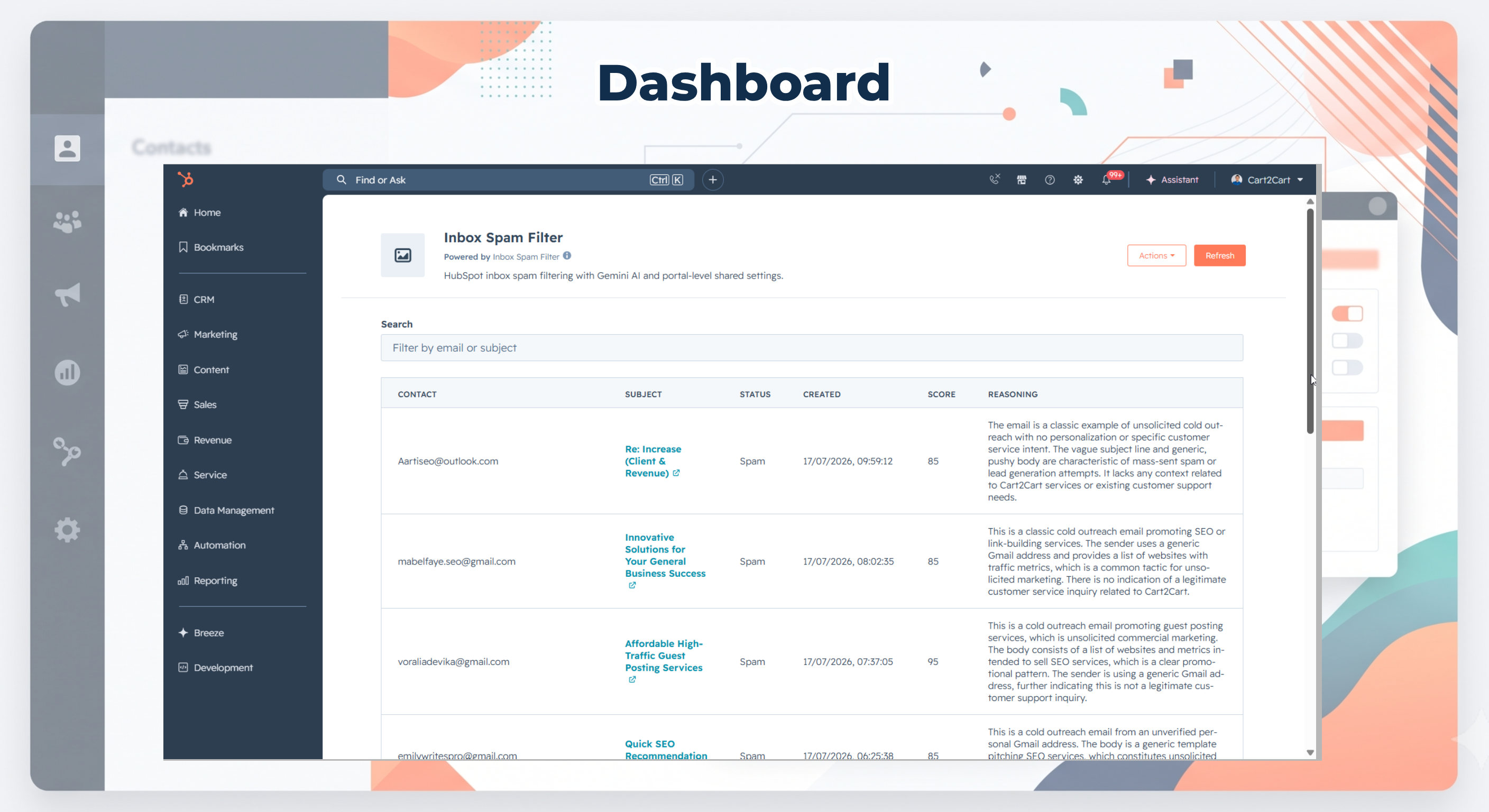Inbox Spam Filter Overview dashboard with scores and reasoning